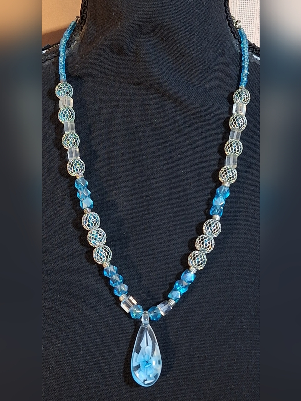 Ice Blue Crystal Bead Pendant Necklace